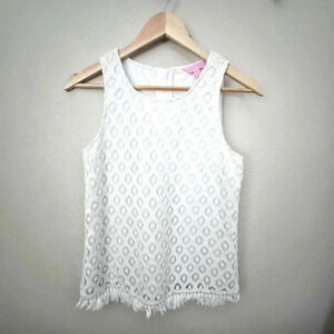 LILLY PULITZER | White Fringe Sleeveless Top Crochet Gold‎ Zipper | Size XS